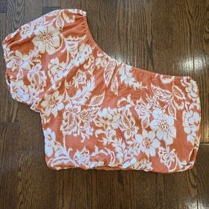 HURLEY Floral ONE Shoulder Top Burnt Orange White Puff Sleeve Size L
